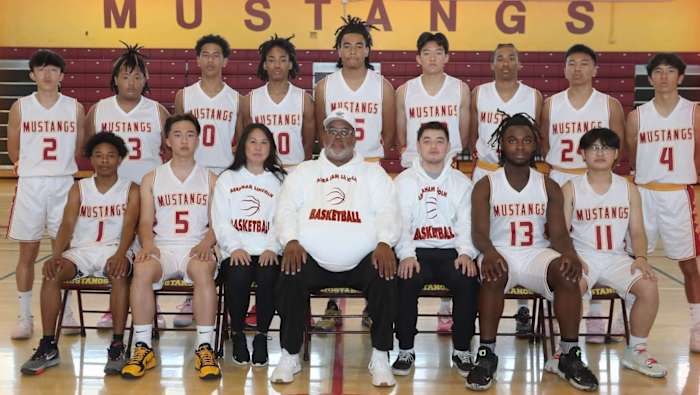 Lincoln boys basketball team with Carl Jacobs front and center before the season.